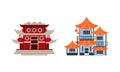 Japanese or Chinese Traditional Buildings Set, Ancient Asian Cultural Objects Facades Flat Vector Illustration