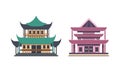 Japanese or Chinese Traditional Buildings Set, Ancient Asian Cultural Objects, Pagoda Palace Facades Flat Vector Royalty Free Stock Photo