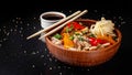 Japanese or Chinese udon noodles with chicken and vegetables, balkar pepper, carrots, parsley, white and black sesame, red onion