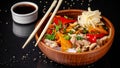Japanese or Chinese udon noodles with chicken and vegetables, balkar pepper, carrots, parsley, white and black sesame, red onion