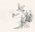 Japanese chinese vector design ink flower engraved colorful card bakground heron bird bulrush hut pond