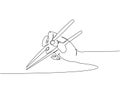 Japanese chopsticks, Food sticks in hand, how to hold chopsticks correctly one line art. Continuous line drawing of