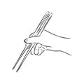 Japanese chopsticks. Hand with Chinese Sticks. Bamboo Chopsticks. Asian cuisine. Vector flat outline icon illustration