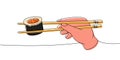 Japanese chopsticks holding sushi roll one line colored continuous drawing. Japanese cuisine, traditional food