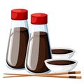 Japanese chopsticks and soy sauce in a white bowl soy sauce in transparent bottles with red caps illustration isolated on w