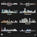 Japanese city skylines on black background with location, navigation and travel icons Royalty Free Stock Photo