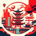Japanese cityscape with pagodas and traditional buildings. Vector illustration Generative AI