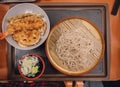 Japanese cold ramen noodles Zaru ramen with tempura set in Japanese style..Cold buckwheat soba noodles or zaru ramen with fried Royalty Free Stock Photo