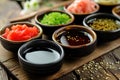 Japanese condiment for sushi. Soy sauce, wasabi, pickled ginger, sesame. Japanese cuisine