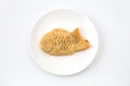 Japanese confectionery Taiyaki fish cake on plate on white background Royalty Free Stock Photo