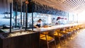 Japanese cooking counter with chefs making Omakase, sushi and sashimi in restaurant Royalty Free Stock Photo