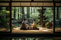 Japanese couple enjoying tea ceremony in a japanese garden in Tokyo, AI Generated