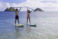Japanese couple on paddle boards Royalty Free Stock Photo
