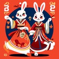 Japanese couple of rabbits in traditional clothes. Vector illustration in flat style AI generated