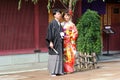 June 2018, Young Japanese couple traditional costumes Higashi Chaya Geisha district, Kanazawa, Japan