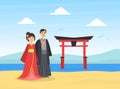 Japanese Couple Wearing National Traditional Clothes Standing on Beautiful Landscape with Traditional Asian Gates Vector