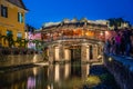 Japanese Covered ancient Bridge and River in Street in Old city of Hoi An in Southeast Asia in Vietnam. Vietnamese heritage and Royalty Free Stock Photo