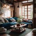 Japanese cozy living room with boho styled vibe.