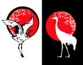 Japanese crane bird and sakura branches against red sun vector silhouette design