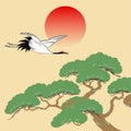 Japanese crane and pine tree with rising sun Royalty Free Stock Photo