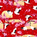 Japanese Cranes and Flowering Branches Pattern Royalty Free Stock Photo