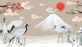 Japanese cranes at sunset in winter