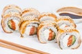 Japanese cuisine. Appetizing sushi rolls with rice, cream cheese