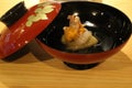 Japanese cuisine : Dashi soup (Stock soup) with sea ??urchin and eggplant in Kyoto, Japan