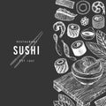 Japanese cuisine design template. Sushi hand drawn vector illustration on chalk board. Retro style sian food background