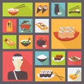 Japanese cuisine, food icons set, flat design