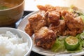 Fried chicken as known as Karaage served with Miso soup and Japanese rice