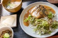 Grilled Saba or mackerel fish topped with sauce served with Miso soup and salad Royalty Free Stock Photo