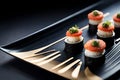 Japanese Cuisine at Its Finest: Detailed Close-Up of a Beautiful Sushi Plate with Delicate Flavors with Generative AI