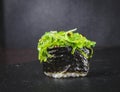 Japanese Cuisine. Pair of Traditional Sushi Rolls With Green Sea Algae Together on Black Reflective Surface.Horizontal Image Royalty Free Stock Photo