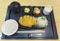 Japanese cuisine, pork deep fried cutlet Japanese food famous, Tonkatsu. Tonkatsu served with rice, miso soup, Chawanmushi and sal Royalty Free Stock Photo