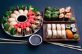 Japanese cuisine, restaurant menu photo of multicolored appetizi Royalty Free Stock Photo