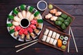 Japanese cuisine, restaurant menu photo of multicolored appetizi Royalty Free Stock Photo