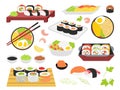 Japanese cuisine. Rice and salmon place, korea japan china food. Lunch bowl and sushi, rolls and seafood. Traditional Royalty Free Stock Photo