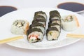 Japanese cuisine, rice sushi and fish - closeup