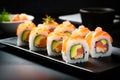 Japanese cuisine. Salmon sushi roll on a stone plate. Royalty Free Stock Photo