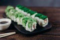 Japanese sushi rolls set served on wooden tray Royalty Free Stock Photo