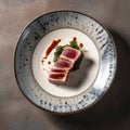 Japanese cuisine. Seared tuna on a ceramic plate Royalty Free Stock Photo