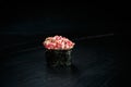 Japanese cuisine single gunkan muki ebi: finely chopped tiger prawns with tobiko caviar, avocado Royalty Free Stock Photo