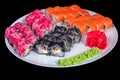 Japanese Cuisine - Sushi Roll with Shrimps and Conger, Avocado, Tobiko and Cheese. sushi rolls tempura,japanese food Royalty Free Stock Photo