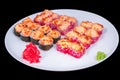Japanese Cuisine - Sushi Roll with Shrimps and Conger, Avocado, Tobiko and Cheese. sushi rolls tempura,japanese food Royalty Free Stock Photo