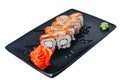 Japanese seafood Sushi roll isolated on white close up. Japanese food restaurant, sushi maki gunkan roll plate or Royalty Free Stock Photo