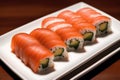 japanese cuisine. sushi and rolls on the table in the restaurant. Generative AI Royalty Free Stock Photo