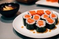 japanese cuisine. sushi and rolls on the table in the restaurant. Generative AI Royalty Free Stock Photo