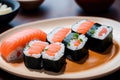 japanese cuisine. sushi and rolls on the table in the restaurant. Generative AI Royalty Free Stock Photo