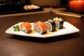 japanese cuisine. sushi and rolls on the table in the restaurant. Generative AI Royalty Free Stock Photo